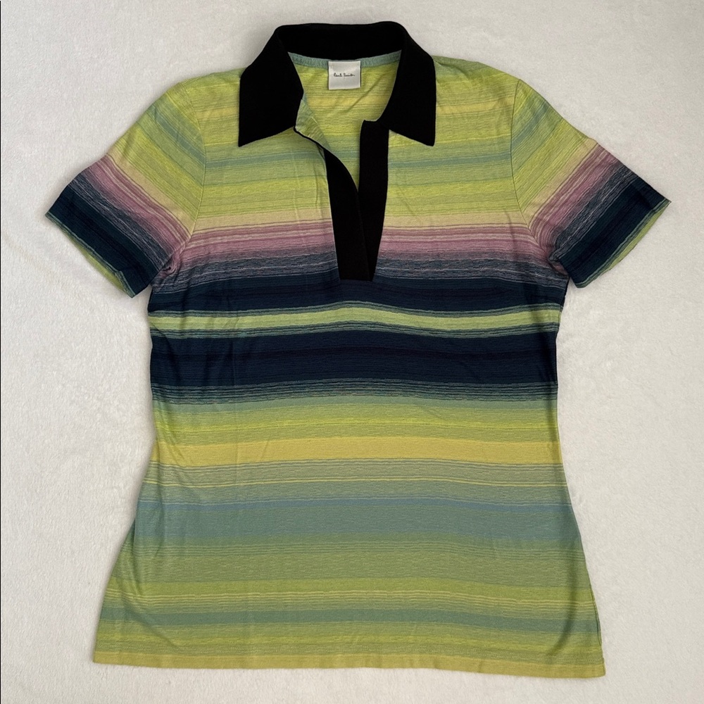 Paul Smith | V-Neck Contrast Collar Striped Cotton T-Shirt Made in Italy (M)